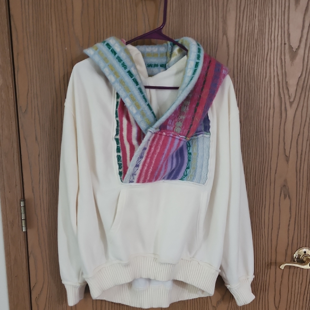 Free People Cream Hoodie with Multicolor Scarf Accent